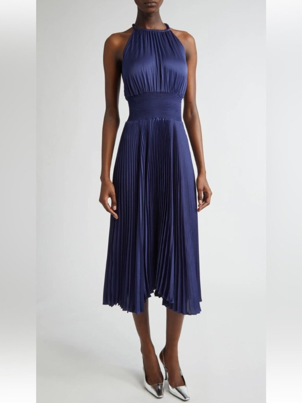 A.L.C. Renzo ll Satin Pleated High-Neck Midi Dress